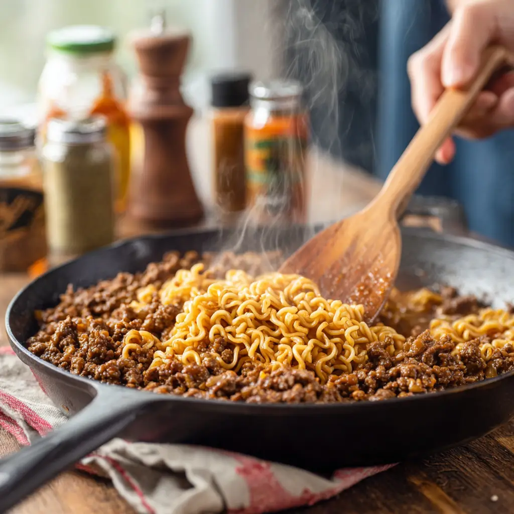 Beef Ramen Noodles – Easy, Saucy, One-Skillet Comfort 5 cooking beef ramen noodles in skillet