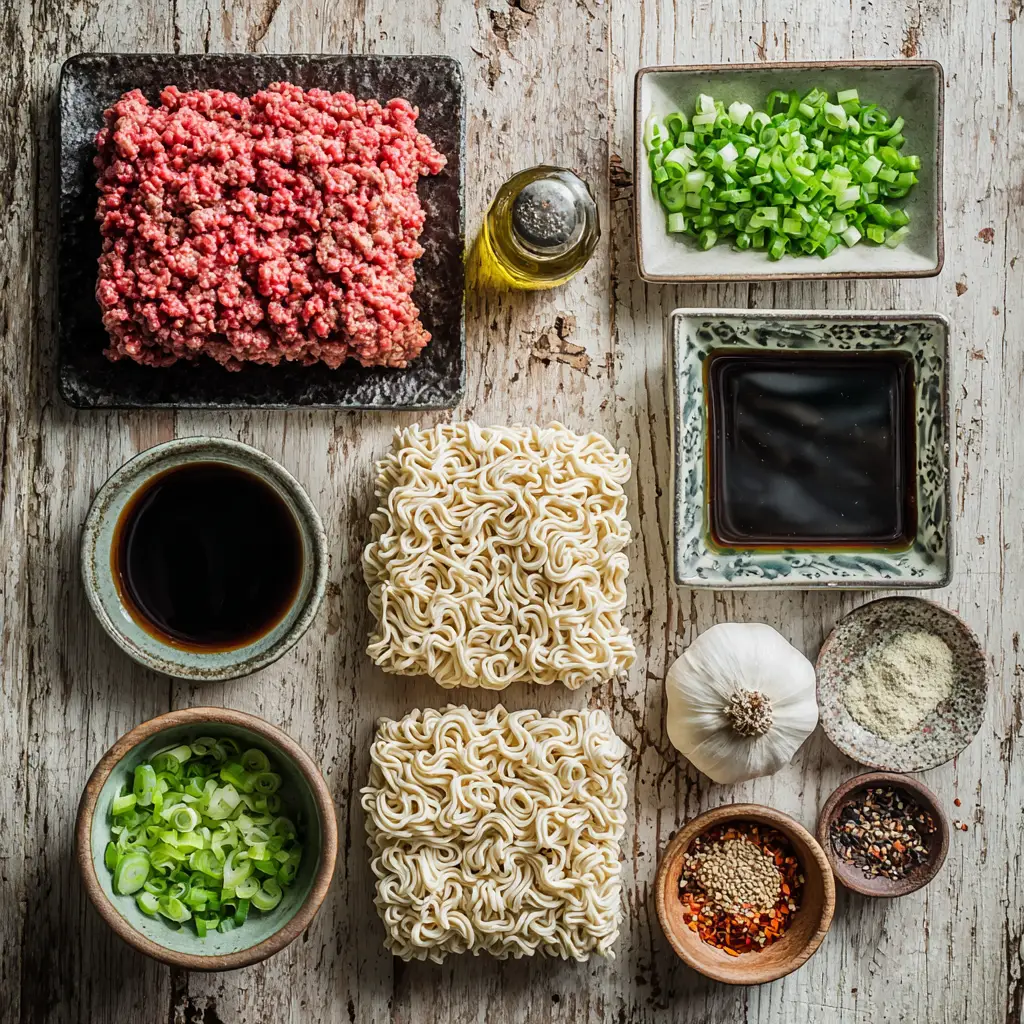 Beef Ramen Noodles – Easy, Saucy, One-Skillet Comfort 4 beef ramen noodle ingredients on a rustic counter