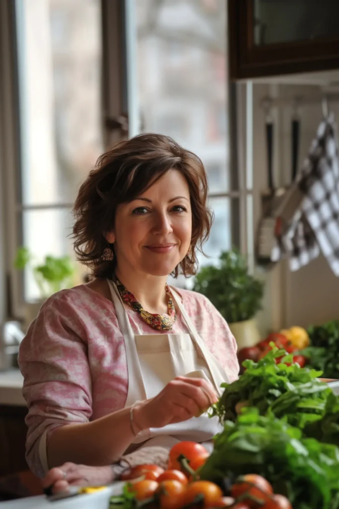 Smiling home cook Irene holding fresh herbs in bright kitchen