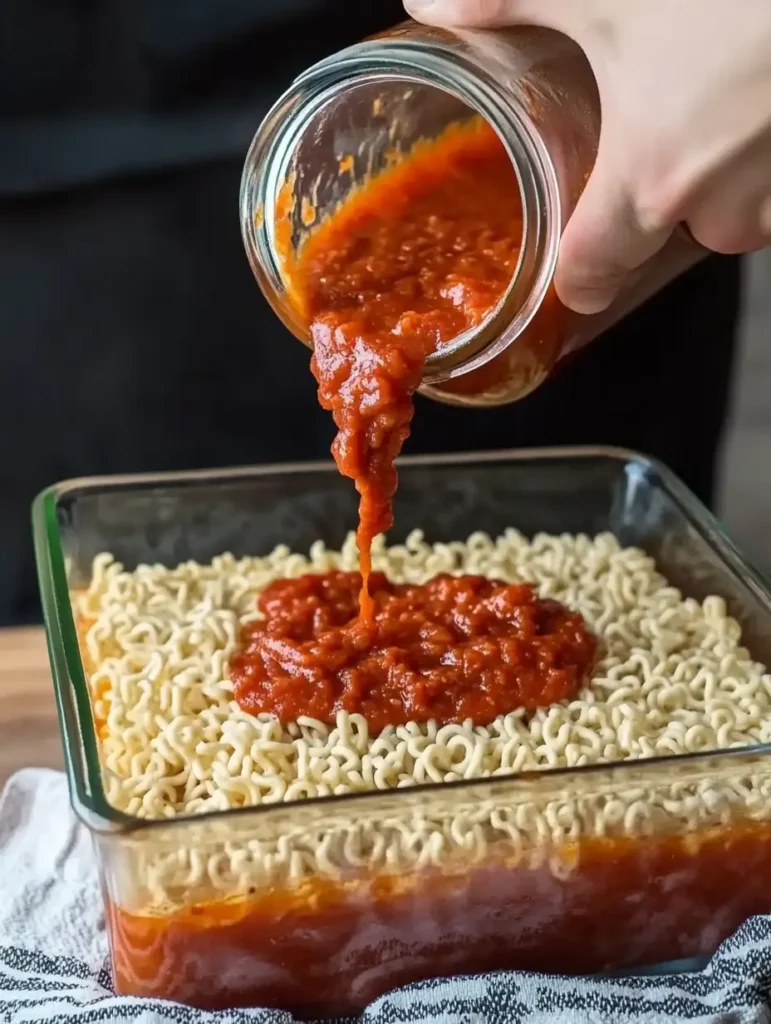 pouring marinara sauce over ramen noodles