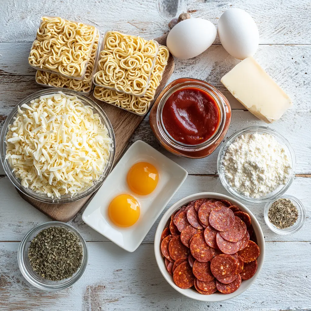 Pepperoni Pizza Lasagna Ramen: The Ultimate Cheesy Fusion You Didn’t Know You Needed 4 ingredients for pepperoni pizza lasagna ramen on counter