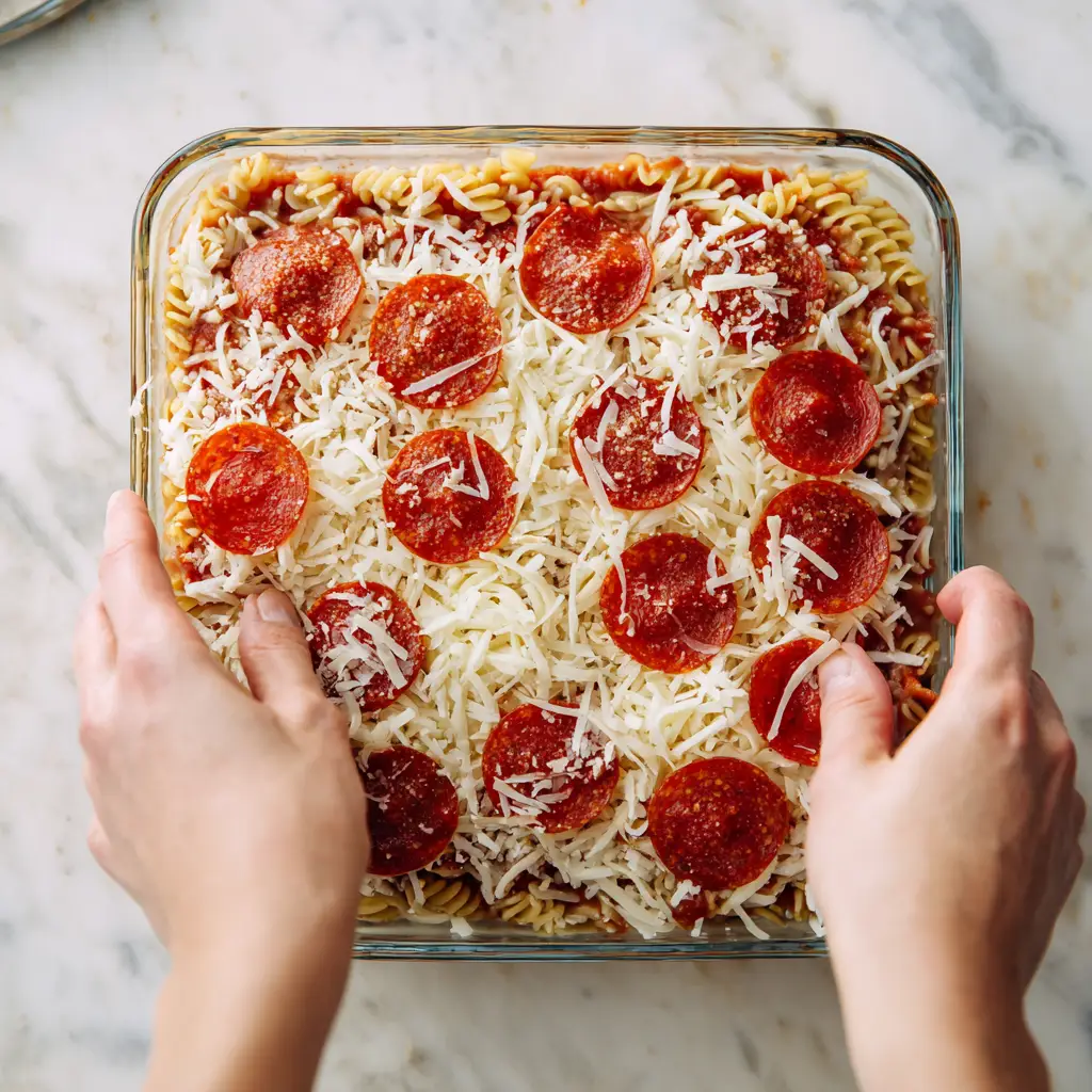 Pepperoni Pizza Lasagna Ramen: The Ultimate Cheesy Fusion You Didn’t Know You Needed 5 layering pepperoni pizza lasagna ramen in baking dish
