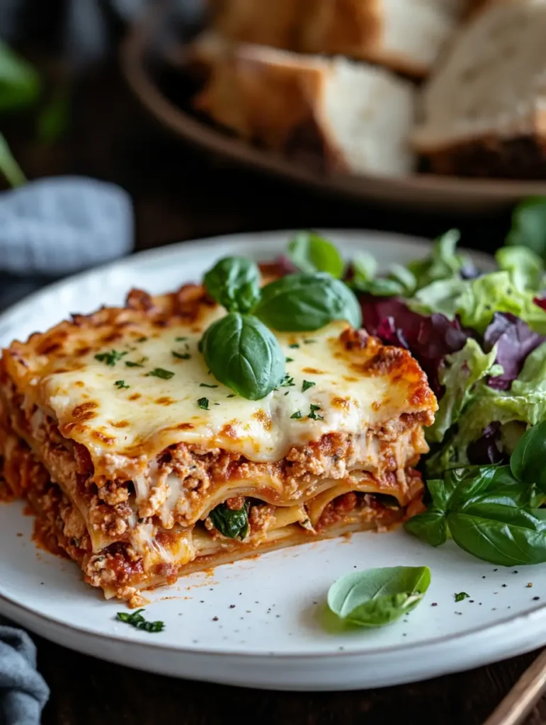How to Make Ramen Lasagna: 5-Step Twist on Classic Comfort Food 8 a plated slice of ramen lasagna with basil and salad