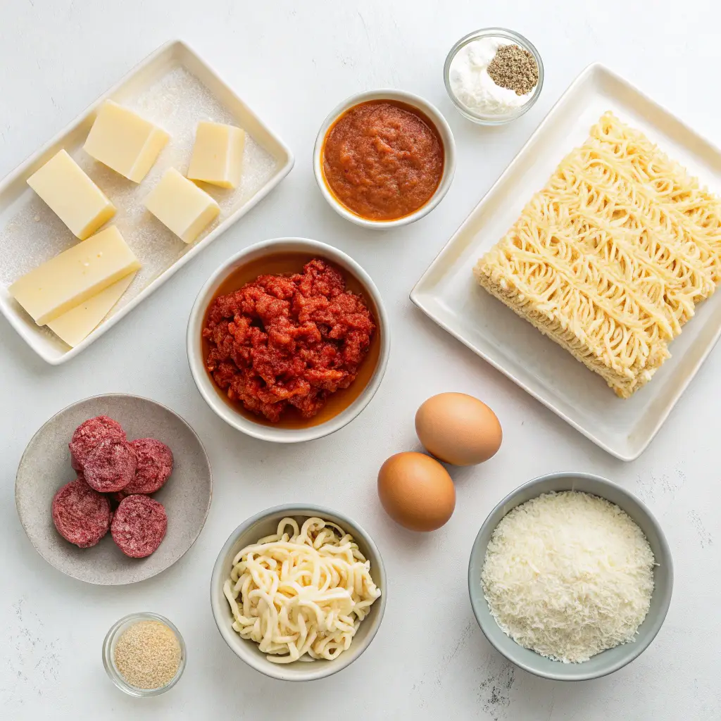 Ramen Noodle Lasagna: Cheesy Fusion Comfort in One Pan 4 ramen noodle lasagna ingredients arranged on countertop