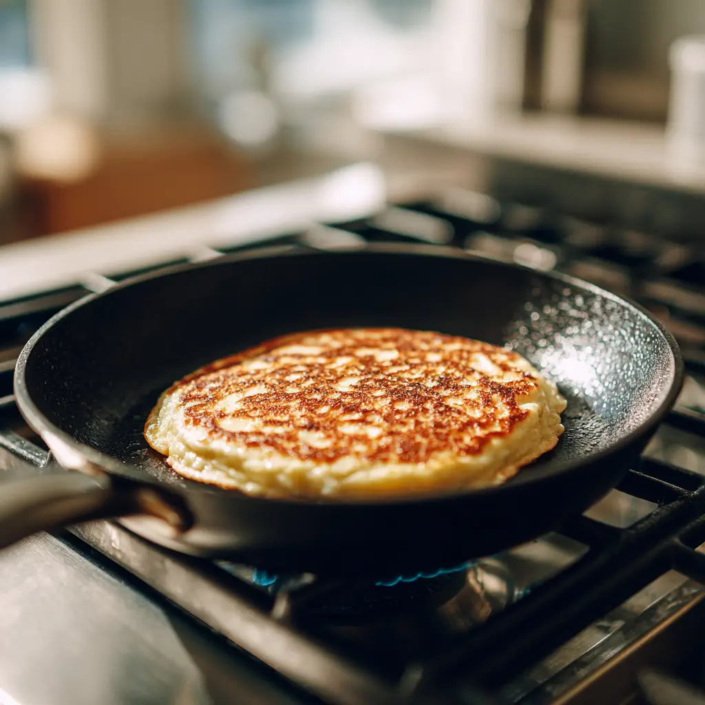 Greek Yogurt Pancakes for a Fluffy and Healthy Start 6 Greek yogurt pancakes cooking on a skillet