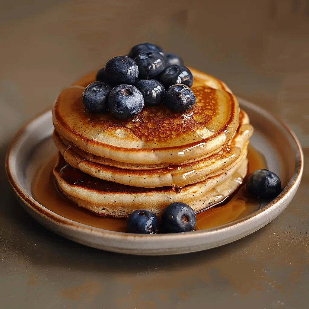 Greek yogurt pancakes served with blueberries and maple syrup