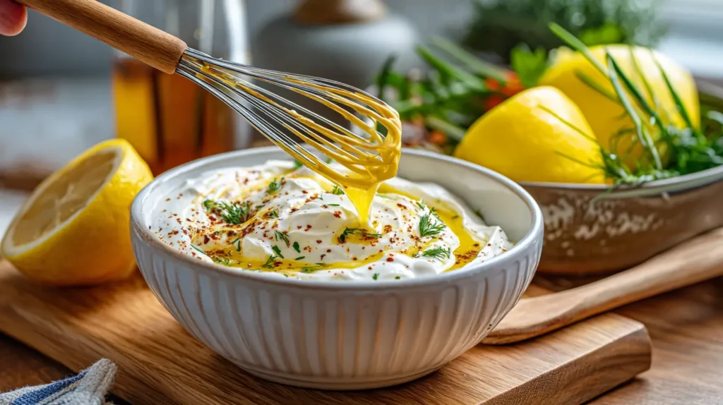 Miracle Chicken Salad – Fresh, Creamy & No-Mayo Magic 6 preparing dressing for miracle chicken salad