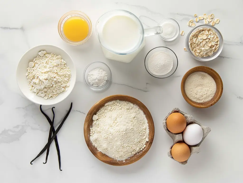 Protein Pancake Mix That Actually Tastes Good 4 Ingredients for protein pancake mix on a kitchen counter
