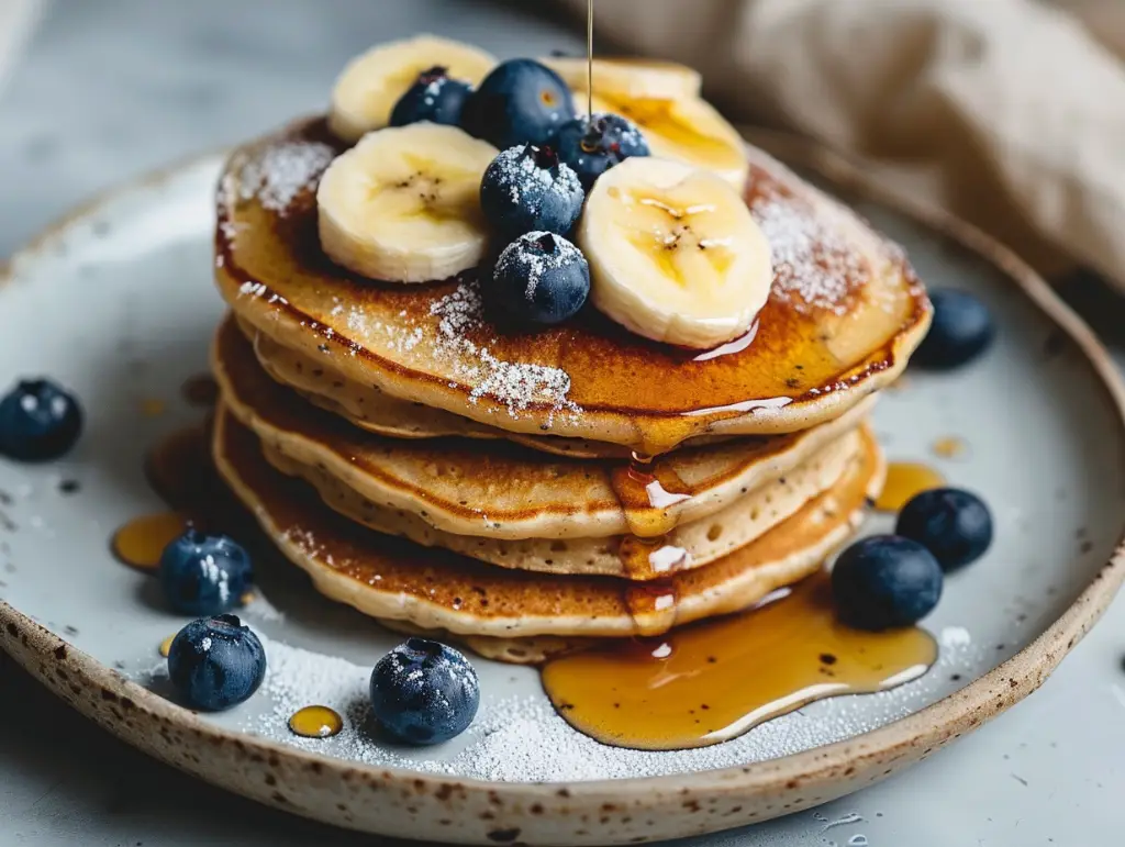 Protein Pancake Mix That Actually Tastes Good 5 Served stack of protein pancakes with fruit and syrup