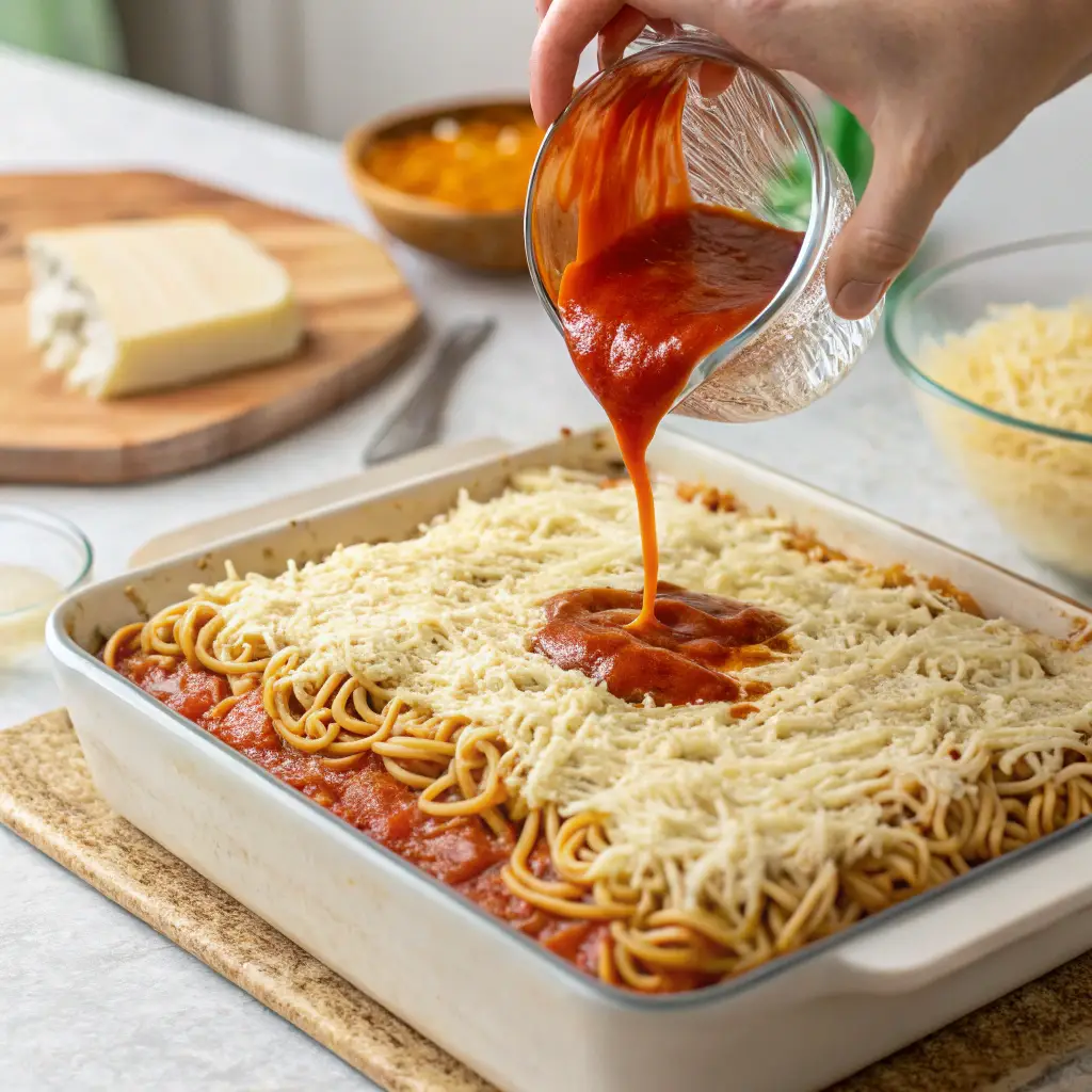 Ramen Noodle Lasagna: Cheesy Fusion Comfort in One Pan 5 layering ramen noodle lasagna with sauce, noodles, and cheese